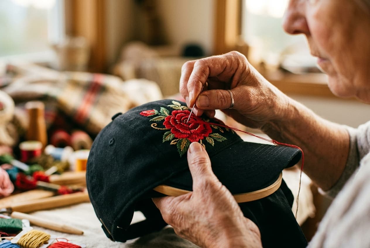 Craftsperson embroidering a SKROWN cap